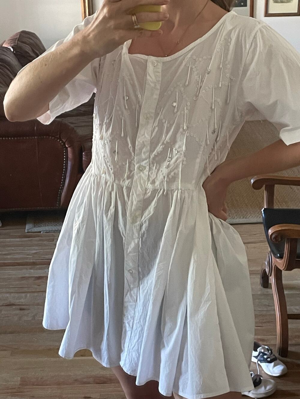 Vintage Beaded Cotton Shift Dress Button Front